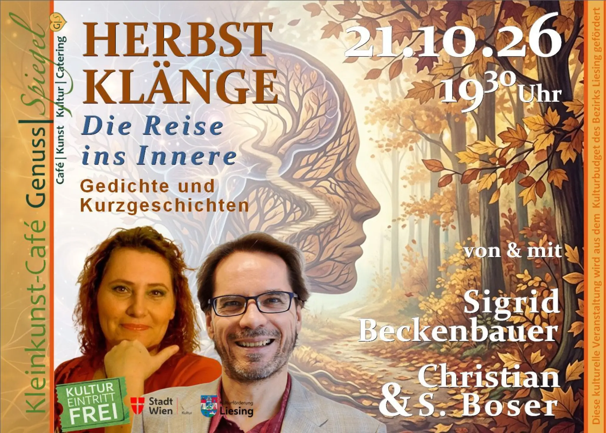 GenussSpiegel präsentiert: HERBSTKLÄNGE – Die Reise ins Innere - Lesung – Gedichte & Kurzgeschichten von und mit Sigrid Beck…
