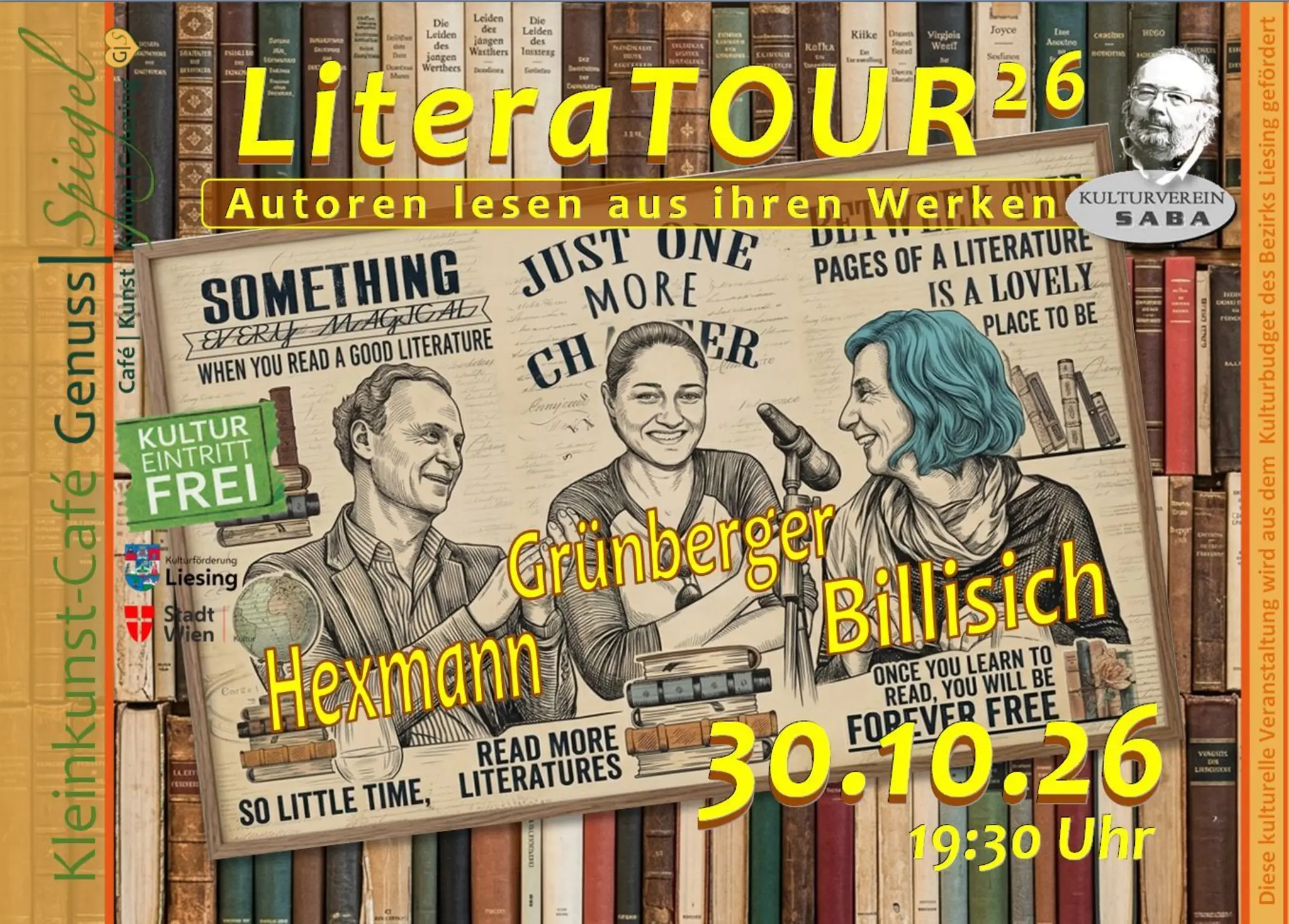 GenussSpiegel präsentiert: LiteraTOUR26 - Autoren lesen aus ihren Werken – mit Stephanie Grünberger, Eva Billisich und Kurt…