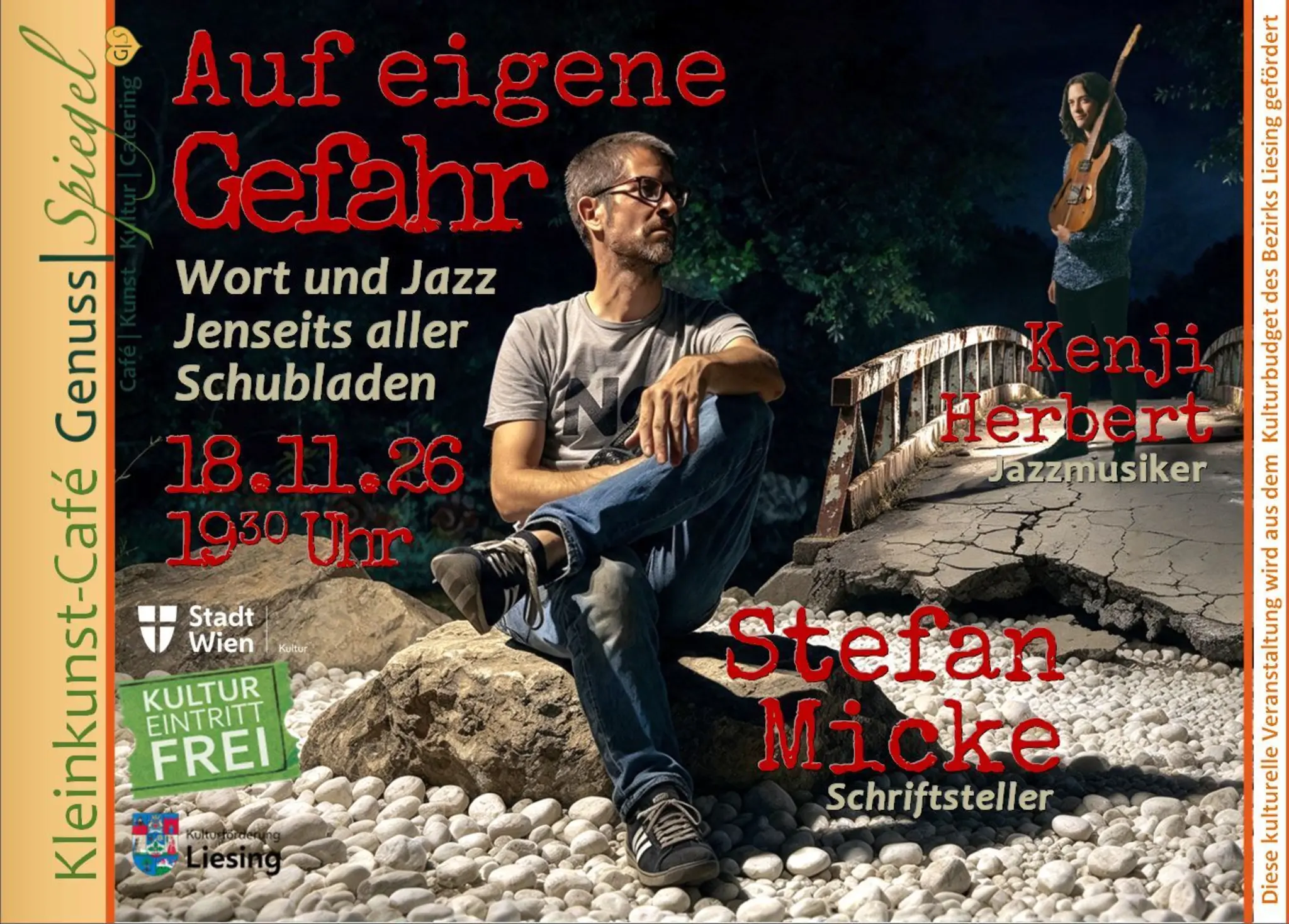 GenussSpiegel präsentiert: Auf eigene Gefahr – Wort und Jazz jenseits aller Schubladen. Mit Stefan Micke & Kenji Herbert! – Eintritt Frei